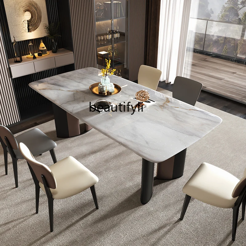 Natural Luxury Stone Marble Dining-Table Super Crystal Stone Rectangular Color LCD Stone Microlite Dining Table and Chair