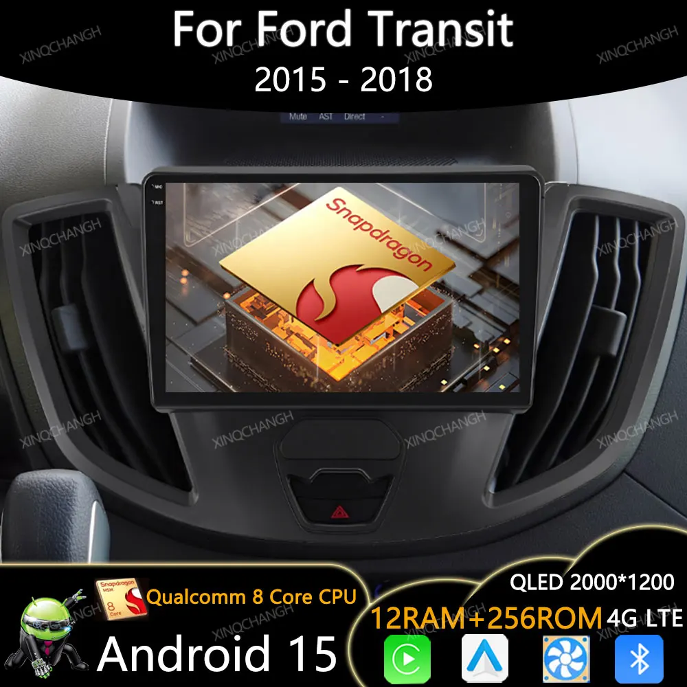 Rádio do carro de android 15 para ford transit 2015 2016 2017 2018 reprodutor de vídeo multimídia 4g wifi qualcomm gps 2din carplay auto qled bt
