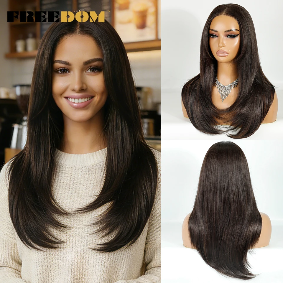 

FREEDOM Synthetic Lace Front Wigs For Women 20" 13x3 Pre Plucked Lace Wig Straight Layered Wigs Ombre Brown Blonde Cosplay Wigs