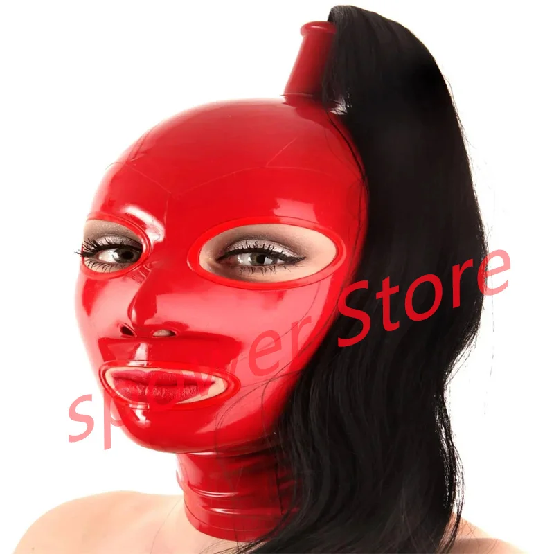 

Natural Latex Full Head Latex Hoods Rubber Mask Fetish Cosplay Mask with Black Hair Back Zipper Club Wear