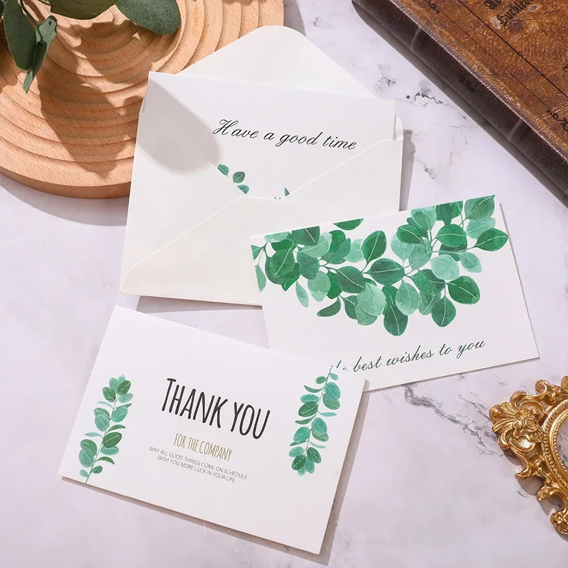 6 Sheets Green Leaf Thank You Greeting Cards Set Gift Decoration Message Card Simple and Fresh Thanksgiving Birthday Card