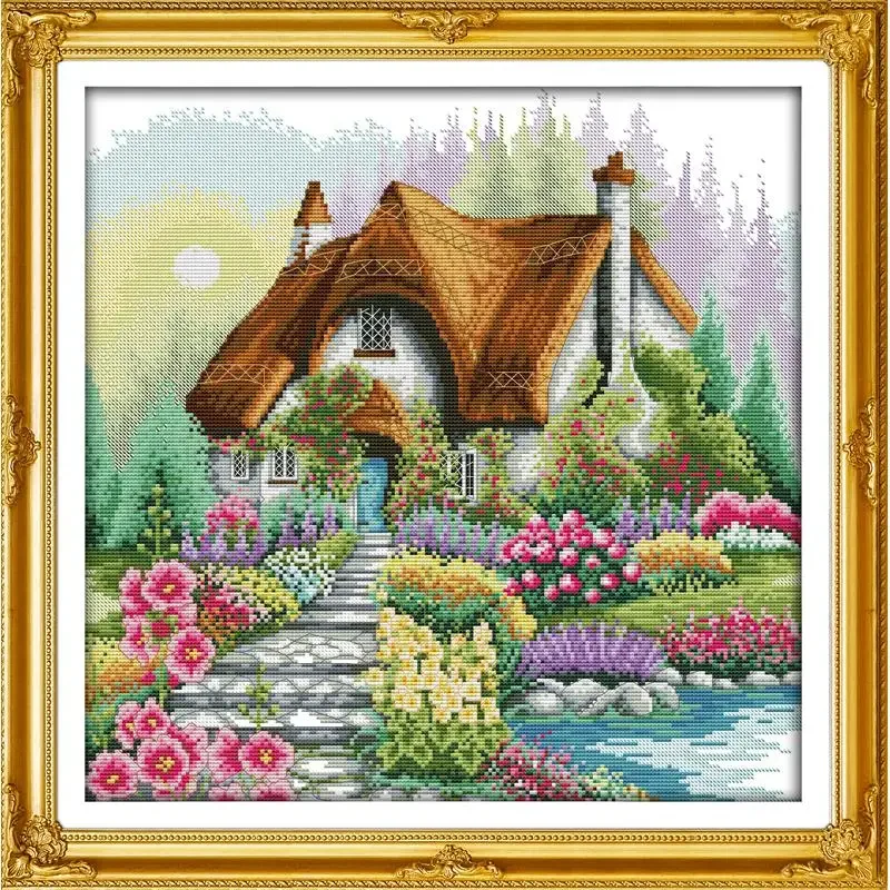 Joy Sunday Pre-printed Cross Stitch Kit  Easy Pattern Aida  Stamped Fabric Embroidery Set-Flower Home