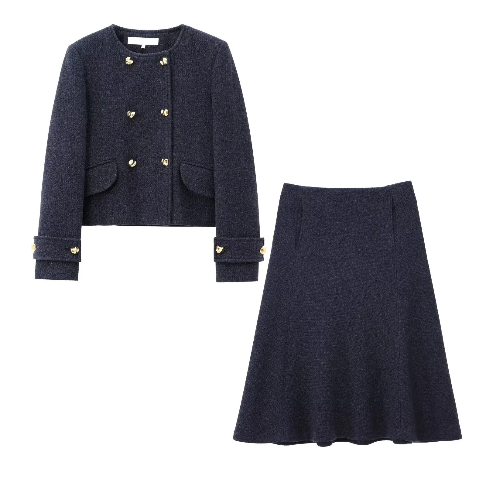 

European And American autumn and Winter New Fashion Women's Clothing Buckle Decoration Wool Blend Jacket Midi Skirt