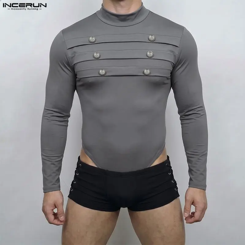 INCERUN Men Bodysuits T Shirt Turtleneck Long Sleeve Button Solid Color Rompers For Man Streetwear Sexy Fashion Casual Bodysuit