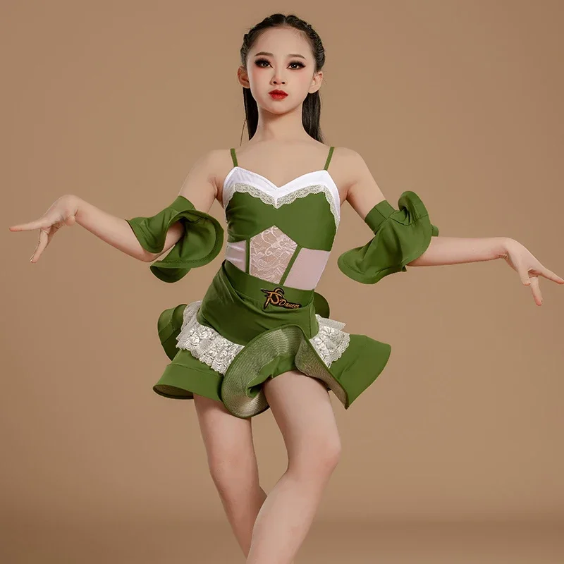 Jupe filles femmes robe de compétition Cha Cha vêtements de danse 2025 danse latine Performance vêtements vert couverture en dentelle arête de poisson