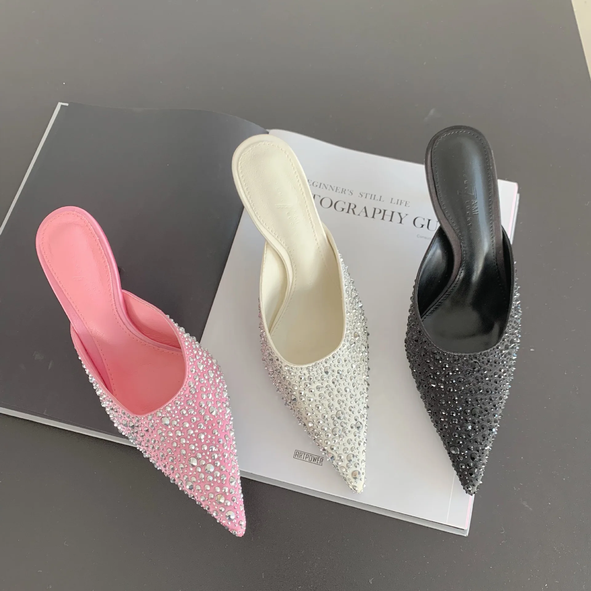 New Pointed Thin Heels Fashion Baotou Half Trailer Water Diamond Middle Heel Slippers, High Heels, External Wearing Slippers