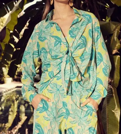 

Two Piece Set Women Outfit 2025 New Fashion Print Turn-Down Collar Long Sleeved Shirt & High Waist Casual Wide Leg Pants Set