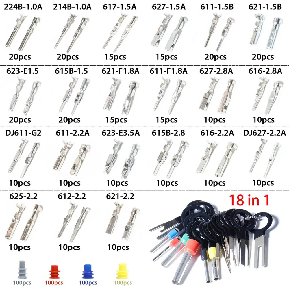 690 قطعة مجموعة موصلات دبوس السيارات ، مجموعة دبابيس طرفية كهربائية مع أداة تجعيد موصل سلك الذكور والإناث دبابيس طرفية vw