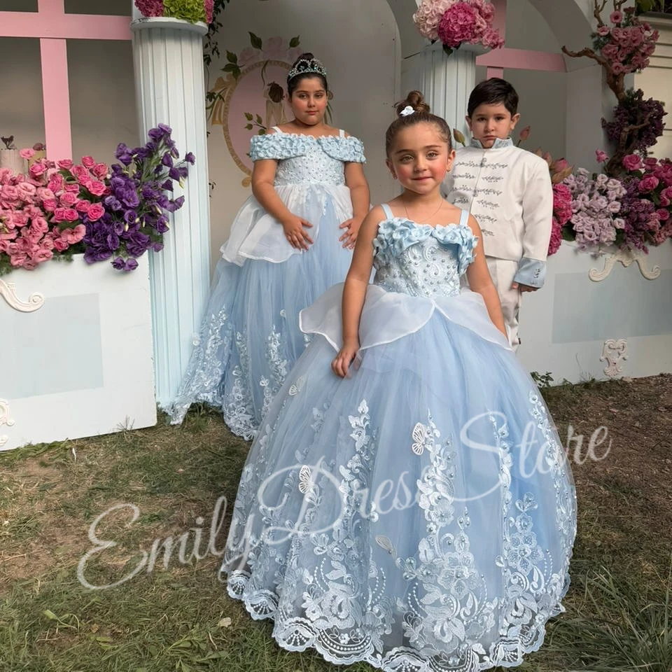 Abito da ragazza di fiore azzurro cielo personalizzato per matrimonio Tulle con perline Perle Paillettes Puffy Compleanno per bambini Prima comunione Abito da ballo 2025