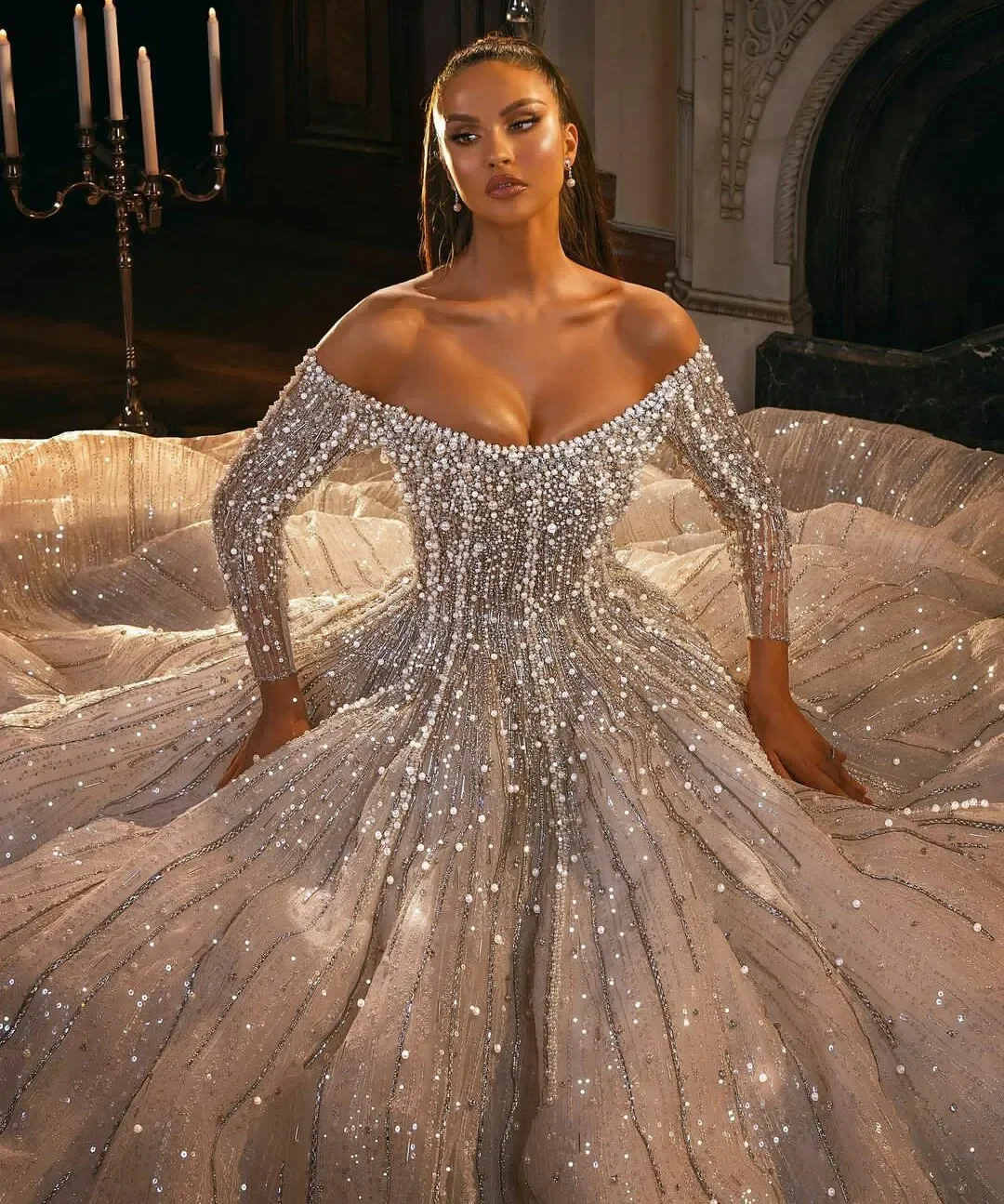 

Customized Sparkly Heavy Pearls Crystals Ballgown Wedding Dress Robe De Mariée 3/4 Full Sleeves Off the Shoulder Bridal Gown