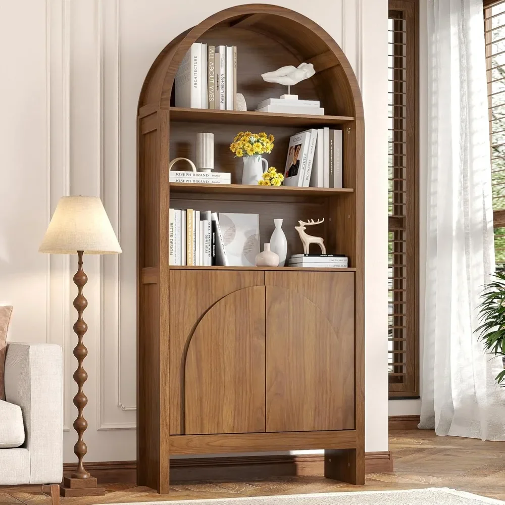with Doors, 71 Inch Display Case Storage Cabinet, Large Library Arch Booksh,Mid Century Arched Bookcase, 5 Shelf Tall Book Shelf