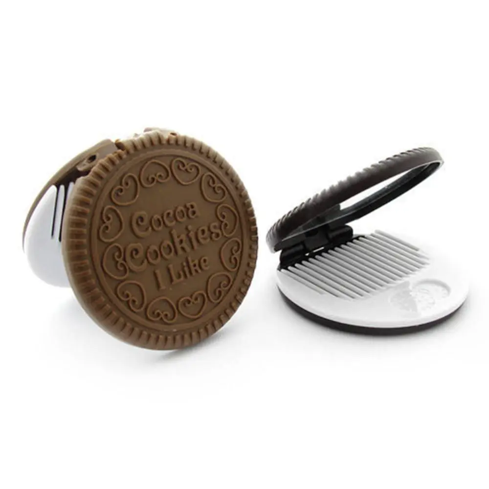 Espelho de maquiagem dobrável portátil, Vidro HD com pente, Vanity Mirror, Chocolate Sandwich Cookies Pocket Mirror