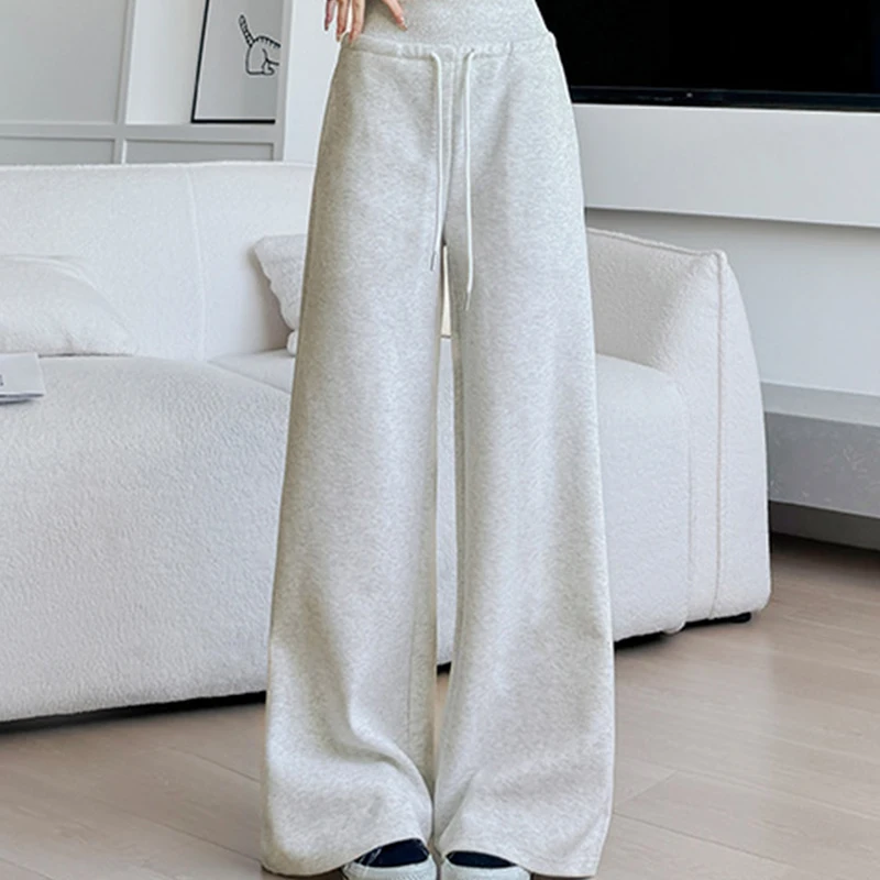 Spring Autumn American Solid Lace Up Sweatpants Woman Casual Elastic Waist Pants for Women Pockets Wide Leg Pants Female