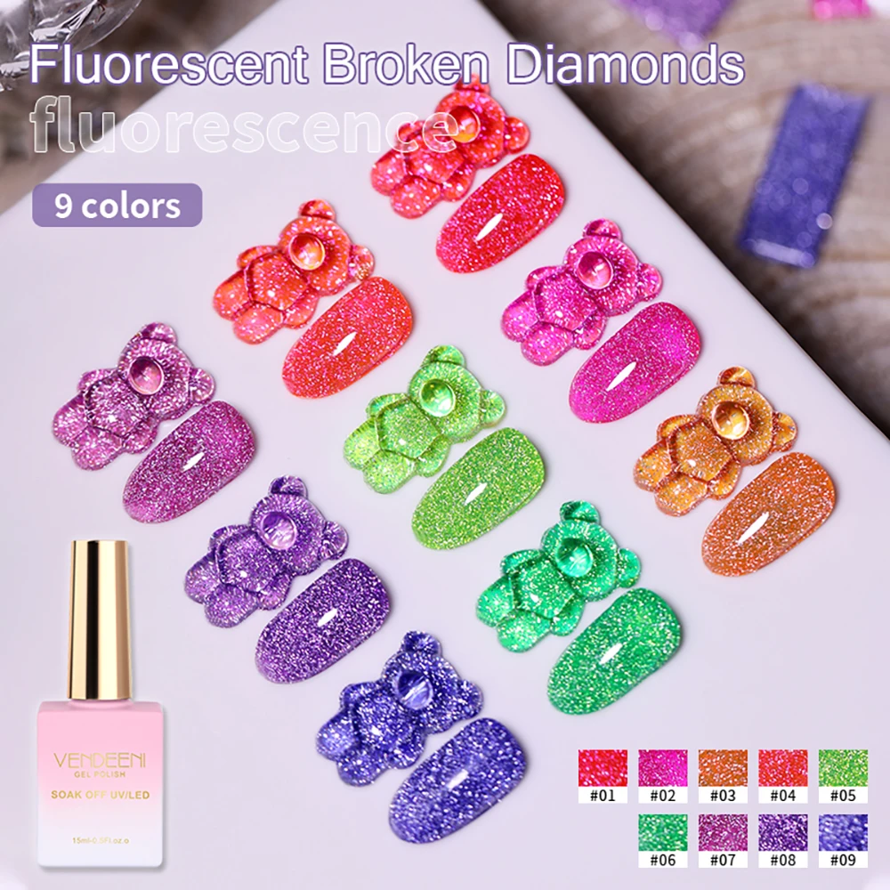 Vendeeni 9 Color Sparkling Fluorescent Broken Diamond Gel Nail Polish Shiny UV Soak Off Gel Varnish Glitter Nail Art Gel Lacquer