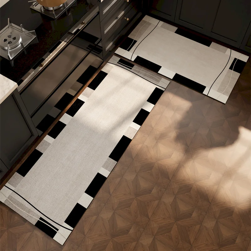 VIKAMA Modern Neutral Kitchen Rugs Non‑Slip Border Geometric Floral Woven Pattern Runner Carpet for Kitchen Entryway Home Decor