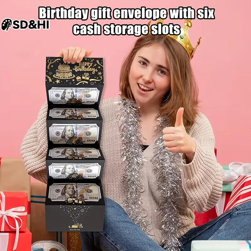 

Black And Gold-edged Birthday Gift Envelope With 6 Cash Slots And A Self-sealing Design, Suitable For Both Cash And Cards