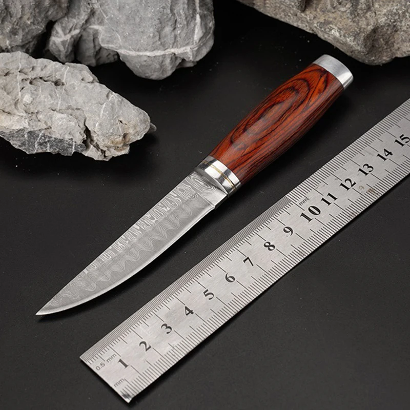 Wooden Handle Forged Damascus Pattern Pocket Knife Outdoor Barbecue Meat Cleaver Knife Portable Camping Tool Straight Knife