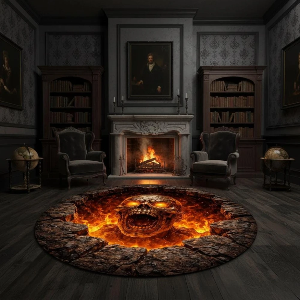 Fiery Skull Crack Ground Horror 3D Illusion Round Rug halloween party area game room living room sofa rug decor Non Slip Rug