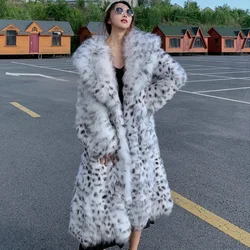 9XL Women Big Neck Coat Faux Fox Fur Long Trench Winter Thick Keep Warm Dot Leopard Streetwear Loose Thick Cardigan Overcoat