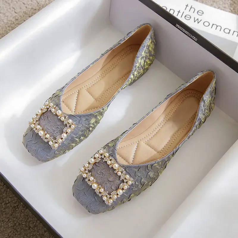 

Low Heel Elegant Pearl Ladies Footwear Square Toe White Blue Casual Luxury Cheap Korean Style Y2k Vintage Women's Flat Shoes