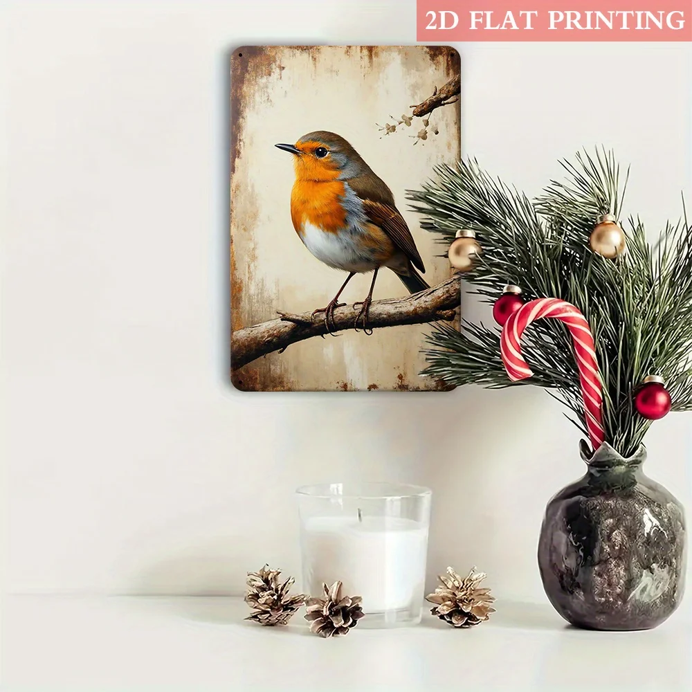 

2D Flat, 2D Flat 1pc, European Robin Bird Iron Metal Sign, 20.32x30.48 cm Vintage Aesthetics, NatureInspired Decor