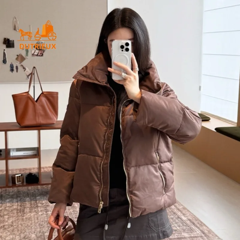 Chaqueta de plumón corta de moda clásica para mujer, relleno de plumón de ganso blanco 90%, abrigo grueso cálido informal holgado para mujer, novedad de invierno de 2025