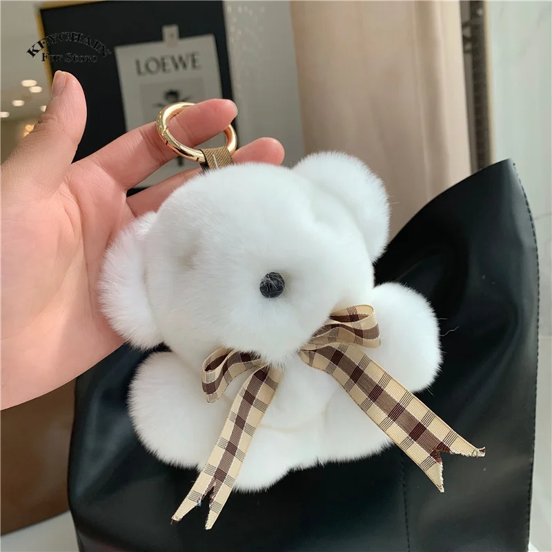 Lindo llavero de peluche de oso de piel auténtica de Rex, mini muñeco de oso, colgante para bolso o coche, regalos para fiestas de cumpleaños infantiles