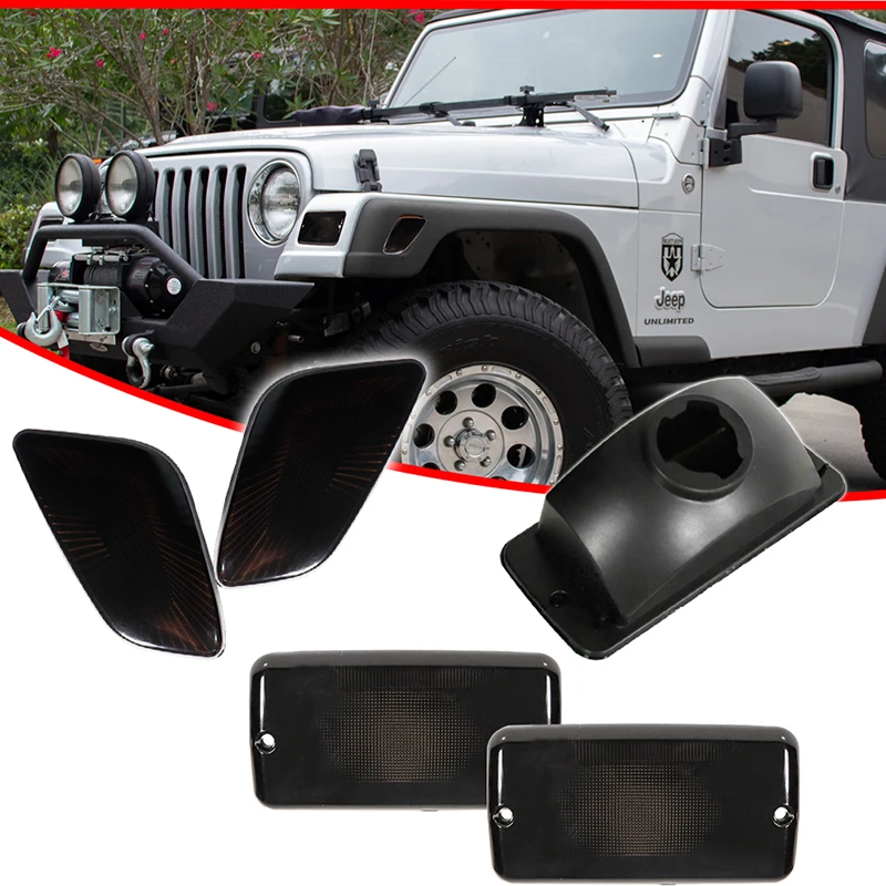 Smoked Lens Car Front Bumper Turn Signal Light & Front Fender Side Marker Light Cover Housings For 1997-2006 Jeep Wrangler TJ