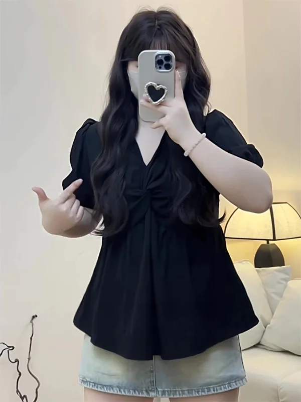 Damska koszulka plus size w stylu vintage z falbanką, dekoltem w serek, wyszczuplająca, w stylu koreańskim, do pracy, o regularnym kroju.