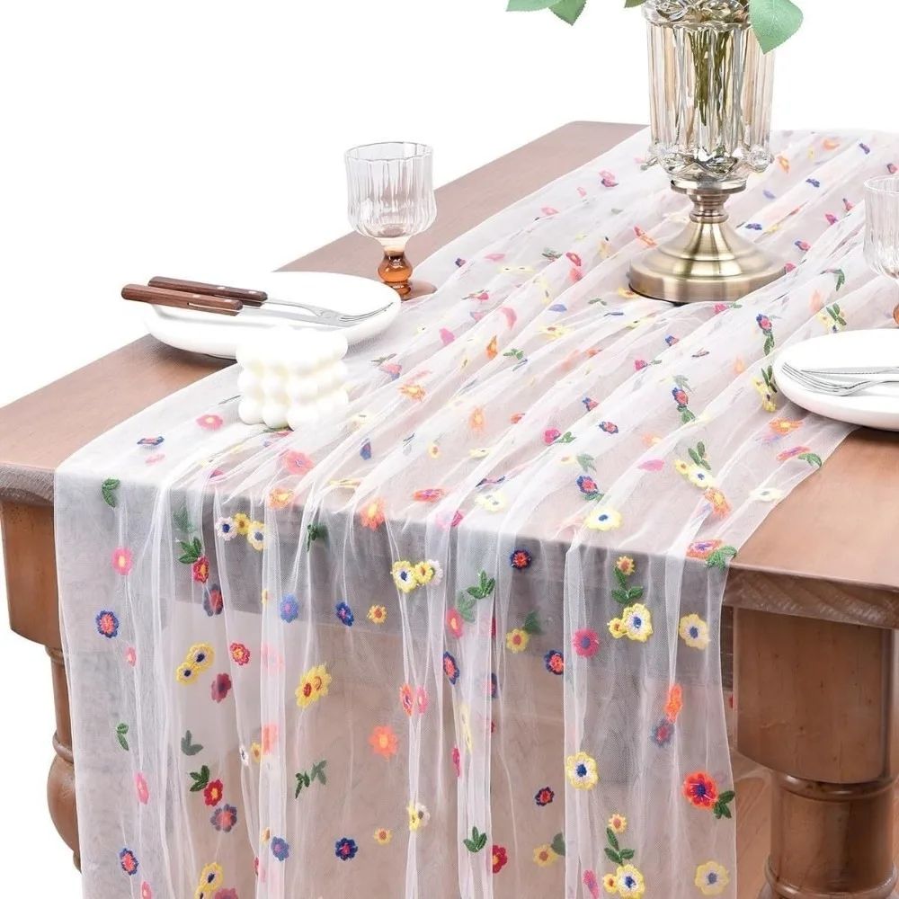 

Vintage Embroidery Daisy Table Runner Semi-Transparent Elegant Floral Tablecloth Easy To Clean Boho Colorful Table Cover