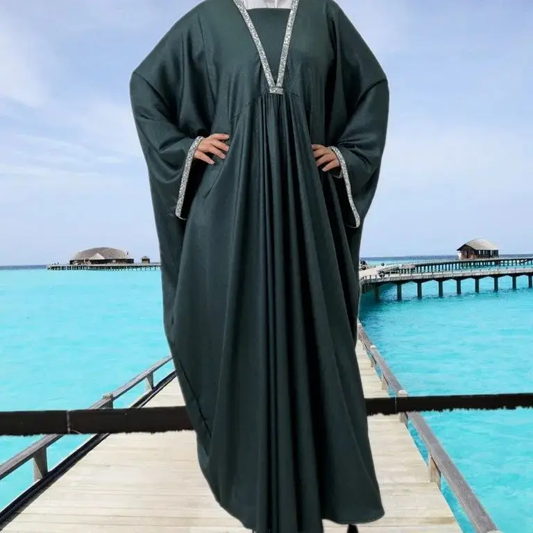 

Modest Muslim Dress Women Dubai Abaya Diamond Jalabiya Kebaya Turkey Kaftan Eid Djellaba Batwing Sleeve Femme Musulmane Vestidos
