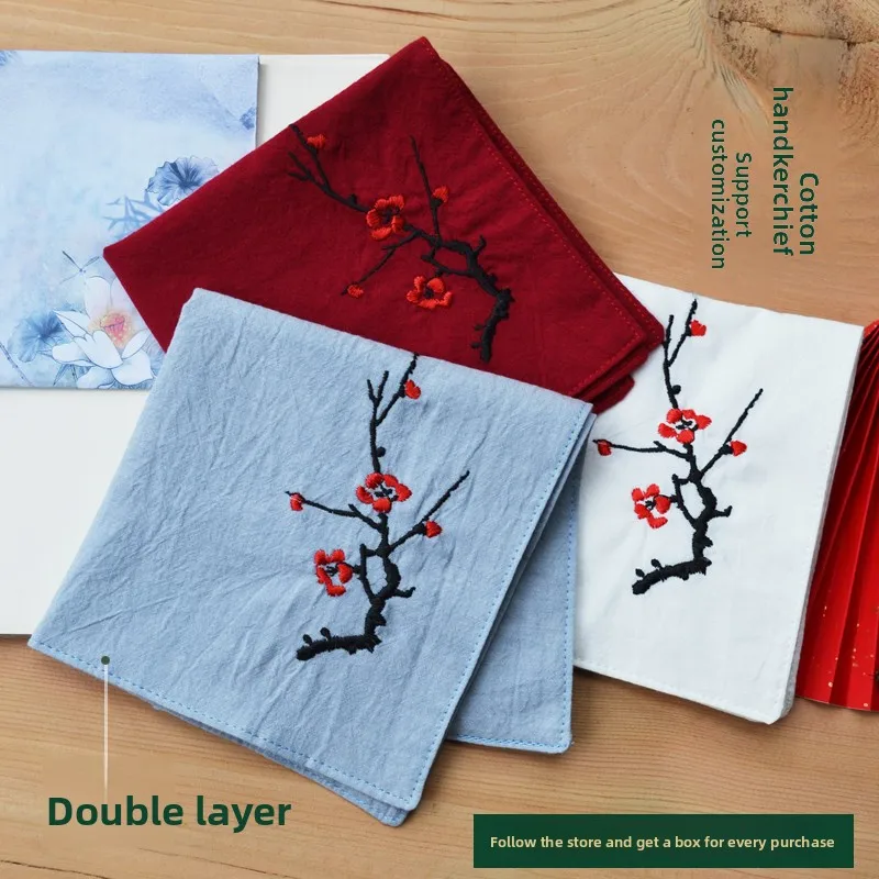 Traditional Chinese Style Hanfu Matching Embroidered Plum Blossom Handkerchief Double Layer Soft Cotton Unisex Custom Embroidery