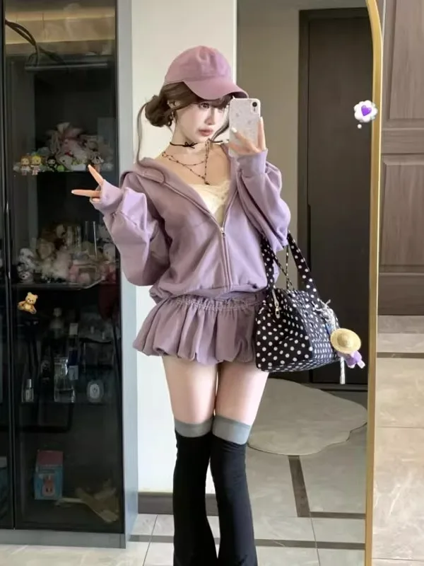 

Фиолетовый комплект Ootd: милая юбка-полусолнце с цветочным принтом, комплект из двух предметов, весенний сезон, женская мода, удобная юбка стандартного кроя