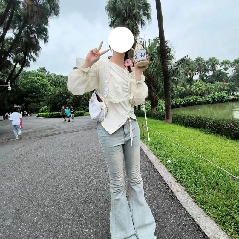 Tees ฤดูใบไม้ผลิฤดูใบไม้ร่วงผ้าฝ้าย Flare แขนเสื้อ T ผู้หญิง Bodycone Basic เสื้อแขนยาว Crop Tops Casual Shirring Off-ไหล่