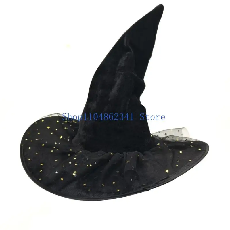 5asd Halloween Wizard Hat Large Black Witches Witch Hat Star Lace Witch Caps Fashion Pointed Hat Halloween Cosplay Costumes