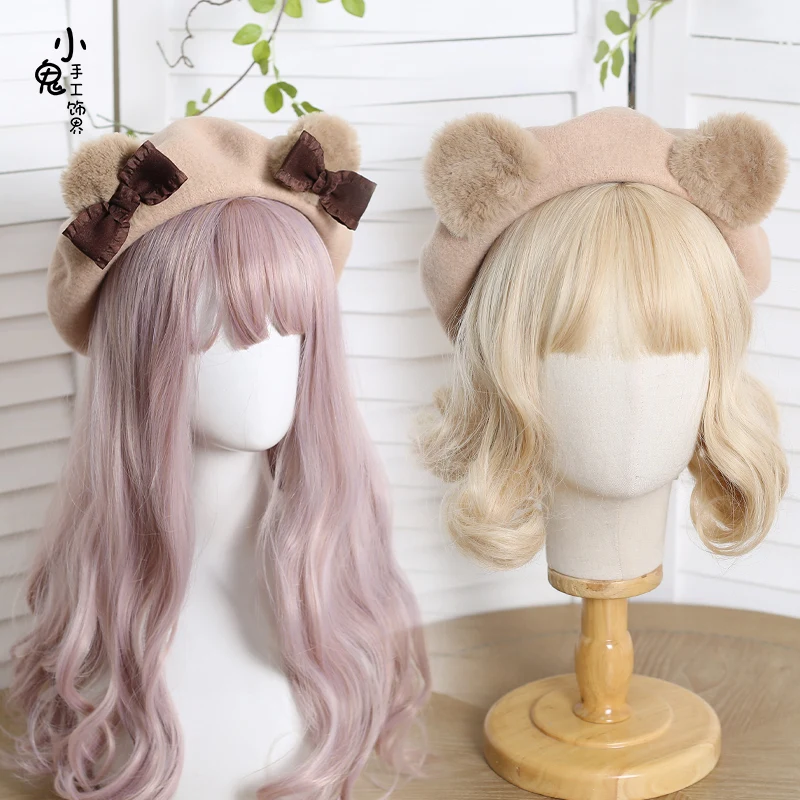 Japanese cute bear ears beret female cute girl woolen bow painter hat warm hat winter