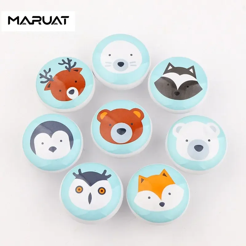 MARUAT Nordic Single Hole Cartoon Handle Ceramic Round Illustration Wardrobe Door Cupboard Drawer Handle  Furniture