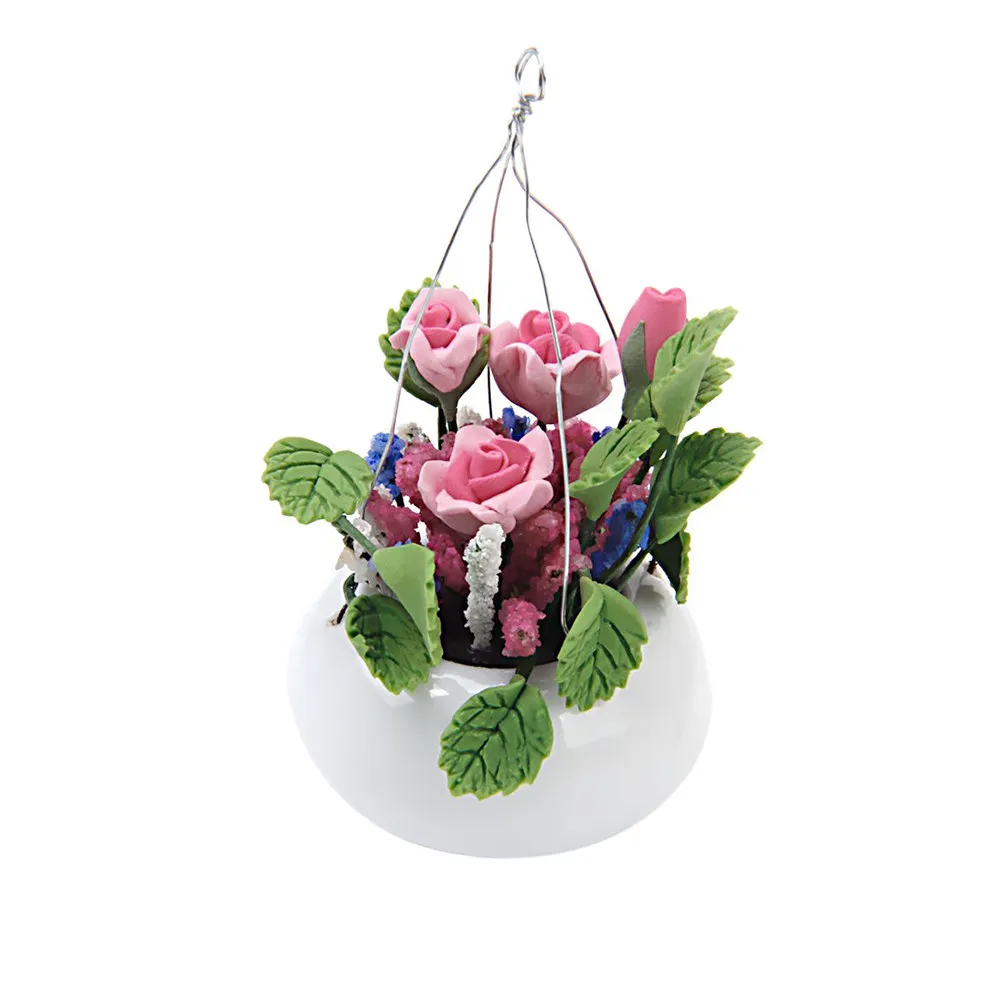 

Miniature 1 12 Dollhouse Rose Flower Hanging Pot Clay Ceramic Iron Wire Green White Pink DIY Mini House Decoration Plant
