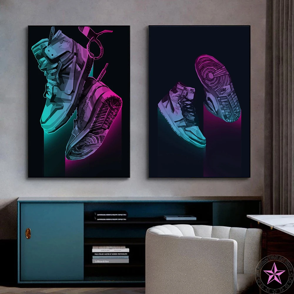 Neon Art Fashion Sneakers Canvas Painting Posters and Prints Abstract Shoes Wall Art Pictures Interior Home Boy Room Decor Gift