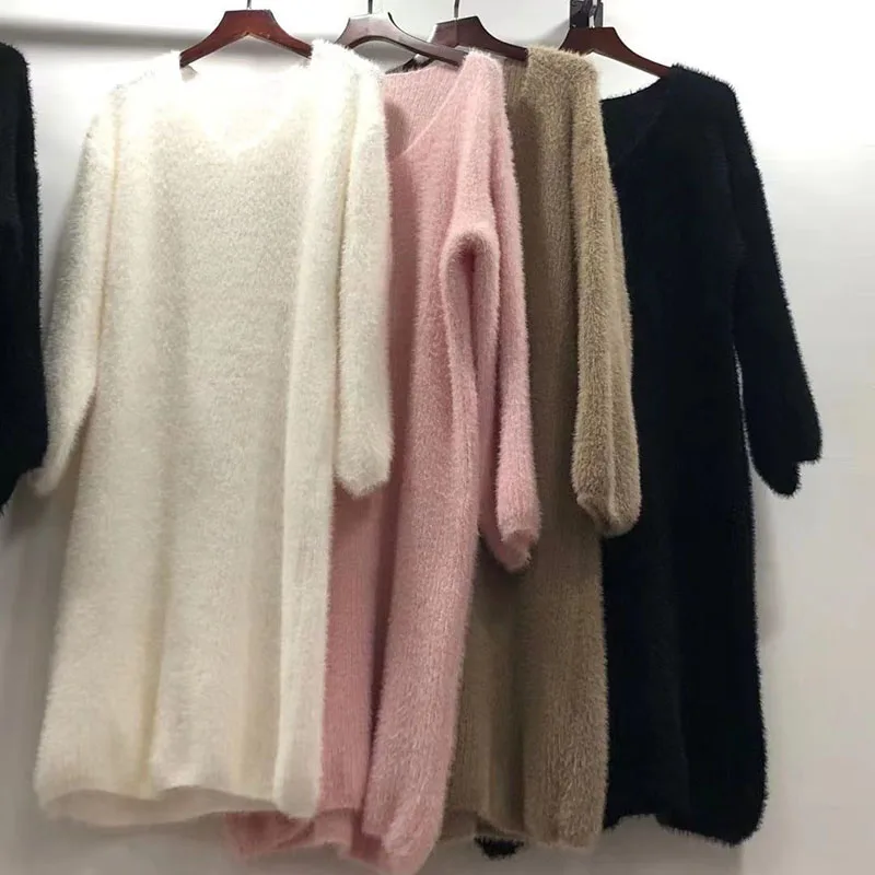 Knitted Sweater Imitation Mink Dress Autumn Winter Pull Womens Warm Plush Dresses Korean Fashion Knitwear Soft Vestidos Oversize