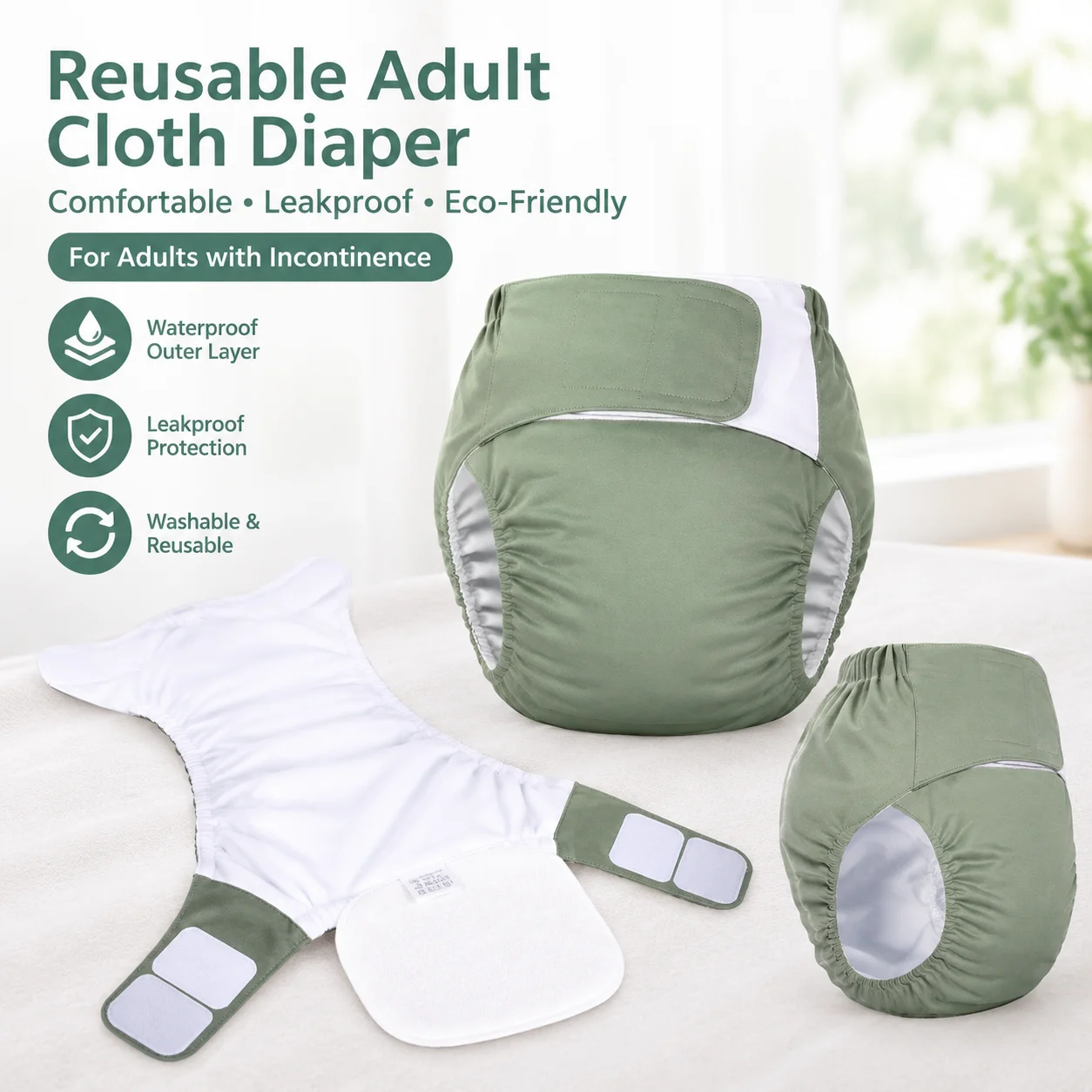2Pcs Leakproof Washable Adult Incontinence Pants Set 1 Pants+1 Pad Cloth Diaper Breathable Adjustable Waist Reusable For Elderly
