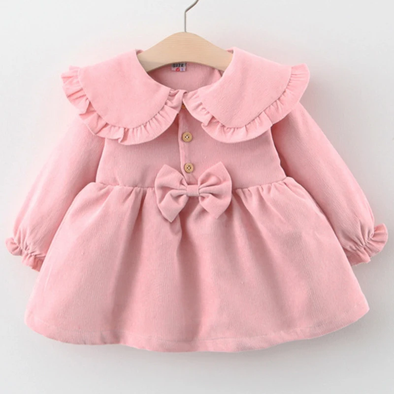 New In Spring Fall Toddler Girl Clothes Korean Cute Bow Doll Collar Fleece Newborn Baby Dresses Pink Infant Princess Dress BC156