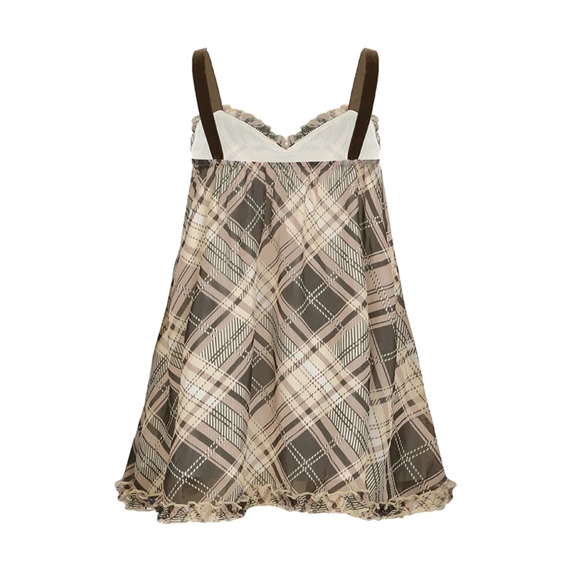 Sweet Plaid Bow Cute Simple Camisole Dresses Tops Fashion All-Match Retro Women Home Clothing image 6