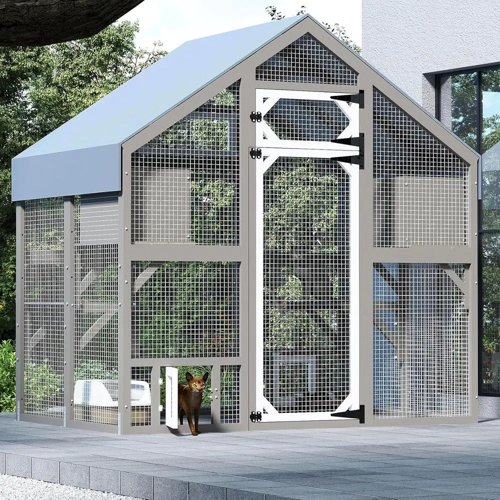 

H Catio Outdoor Cat Enclosure for Multiple Cats Large Wooden Walk in Cats House Outside Weatherproof Roof, Attached to House's W