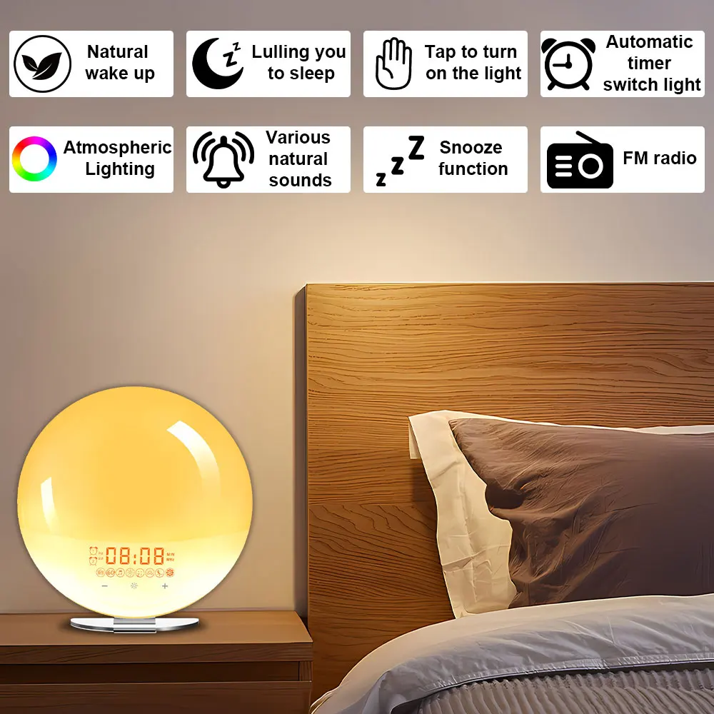 ساعة منبه لشروق الشمس مع ضوء صحوة، صوت نوم رقمي، ضوء ليلي، ساعة مكتب، جهاز مساعد للنوم، لون متغير، هدية مثالية