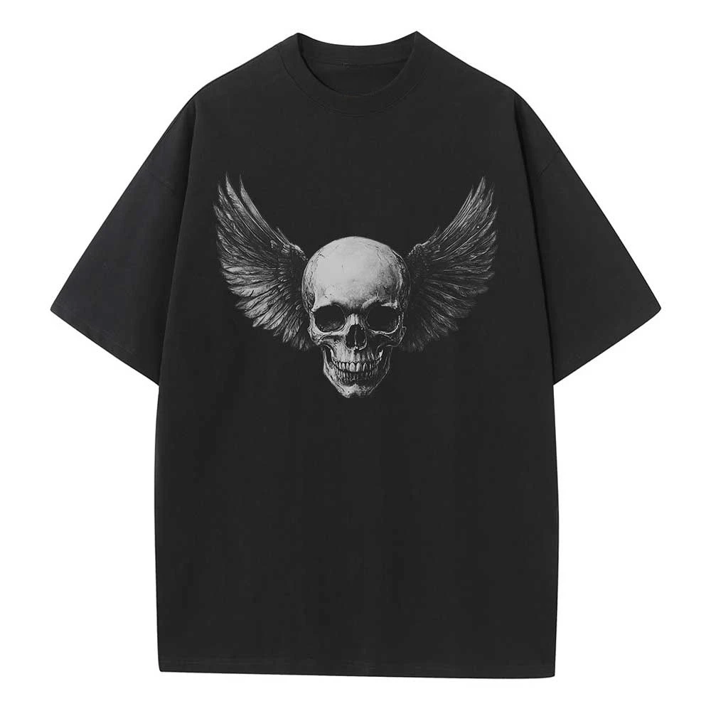 

Summer Cotton T Shirt Graphic Tees Baggy Dropped Shoulders Oversized Short Sleeve Design Clothes Wings Skull Graphic Unisex Tops