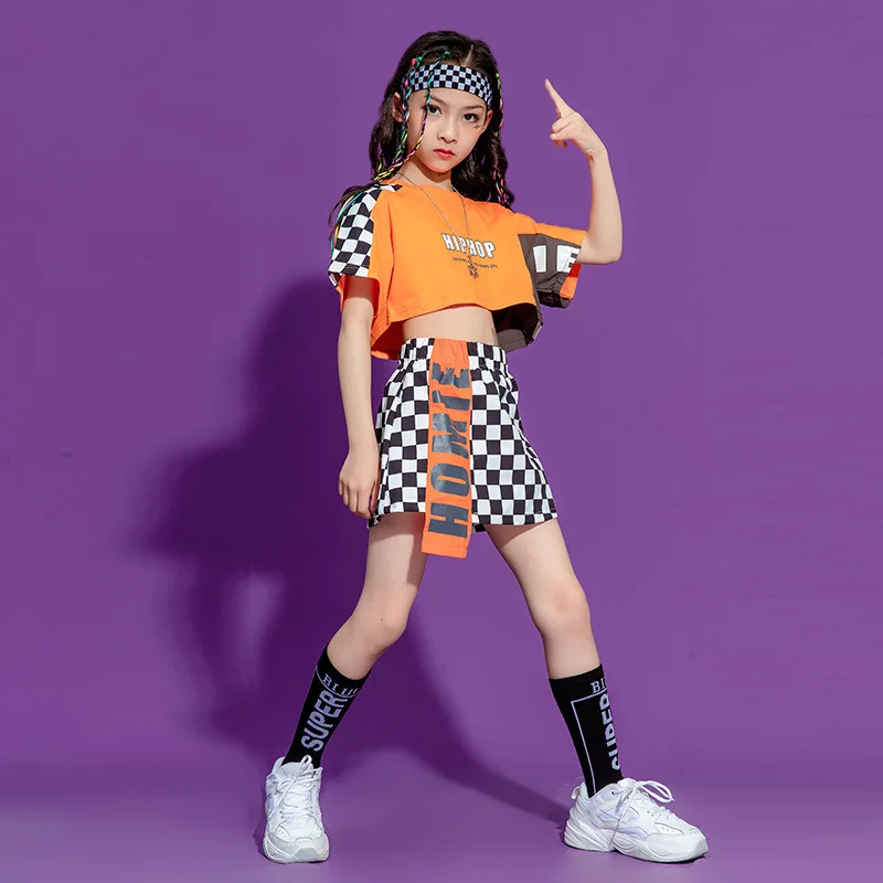 Boys Hip Hop Summer T-shirt Street Dance Contrast Cargo Shorts Girls Crop Top Plaid Skirts Child Clothes Sets Kids Jazz Costumes