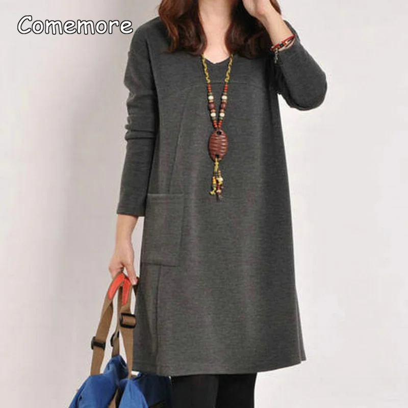 Comemore 2023 New Fashion Women Dress Spring Cotton Vintage Knee-Length Dress Female Long Sleeve O-Neck Dresses Womens Clothing