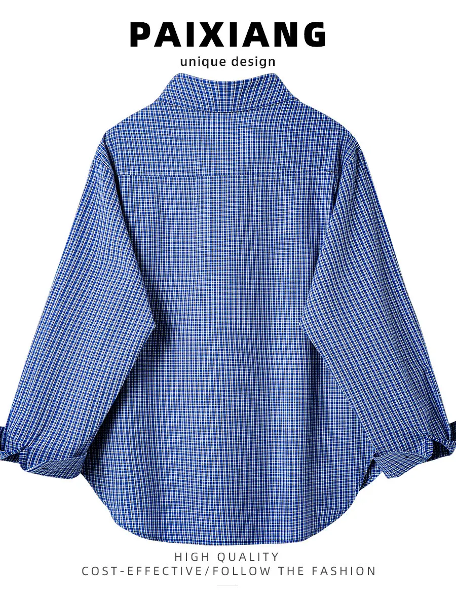 2026 Y2k Autumn Women New Vintage Blue Plaid Turn-down Collar Over-shirt Long Sleeve Streetwear Loose Patchwork Harajuku Blouses