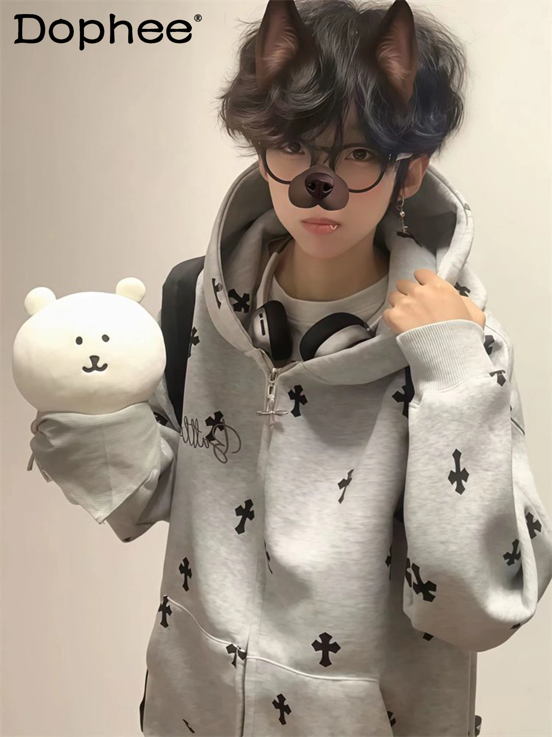 

2025 New Fashion Trend Cardigan Gray Cross Print Hooded Sweatshirt Autumn Winter Loose Youth Couple Jacket Men